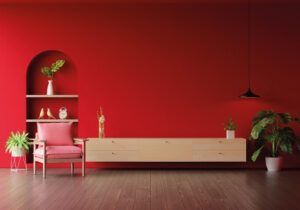 Wood sideboard in red living room interior with copy space, 3D rendering